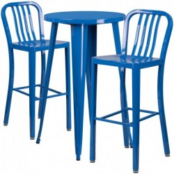 MFO 24'' Round Blue Metal Indoor-Outdoor Bar Table Set with 2 Vertical Slat Back Stools