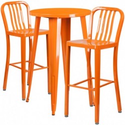 MFO 24'' Round Orange Metal Indoor-Outdoor Bar Table Set with 2 Vertical Slat Back Stools