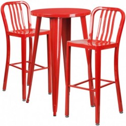 MFO 24'' Round Red Metal Indoor-Outdoor Bar Table Set with 2 Vertical Slat Back Stools