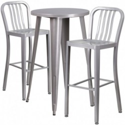 MFO 24'' Round Silver Metal Indoor-Outdoor Bar Table Set with 2 Vertical Slat Back Stools