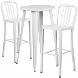 MFO 24'' Round White Metal Indoor-Outdoor Bar Table Set with 2 Vertical Slat Back Stools