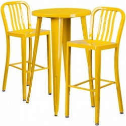 MFO 24'' Round Yellow Metal Indoor-Outdoor Bar Table Set with 2 Vertical Slat Back Stools
