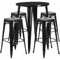 MFO 30'' Round Black Metal Indoor-Outdoor Bar Table Set with 4 Square Seat Backless Stools