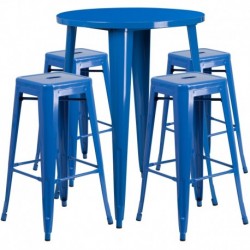 MFO 30'' Round Blue Metal Indoor-Outdoor Bar Table Set with 4 Square Seat Backless Stools