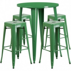 MFO 30'' Round Green Metal Indoor-Outdoor Bar Table Set with 4 Square Seat Backless Stools