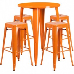 MFO 30'' Round Orange Metal Indoor-Outdoor Bar Table Set with 4 Square Seat Backless Stools