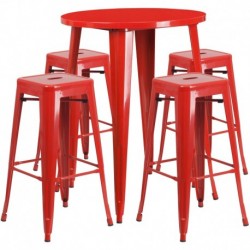 MFO 30'' Round Red Metal Indoor-Outdoor Bar Table Set with 4 Square Seat Backless Stools