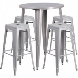 MFO 30'' Round Silver Metal Indoor-Outdoor Bar Table Set with 4 Square Seat Backless Stools