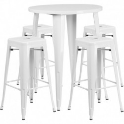 MFO 30'' Round White Metal Indoor-Outdoor Bar Table Set with 4 Square Seat Backless Stools