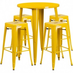 MFO 30'' Round Yellow Metal Indoor-Outdoor Bar Table Set with 4 Square Seat Backless Stools