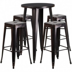MFO 24'' Round Black-Antique Gold Metal Indoor-Outdoor Bar Table Set with 4 Square Seat Stools