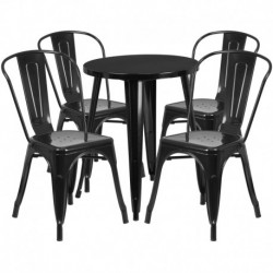 MFO 24'' Round Black Metal Indoor-Outdoor Table Set with 4 Cafe Chairs