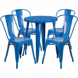 MFO 24'' Round Blue Metal Indoor-Outdoor Table Set with 4 Cafe Chairs