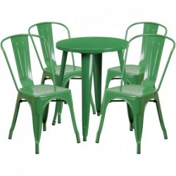 MFO 24'' Round Green Metal Indoor-Outdoor Table Set with 4 Cafe Chairs
