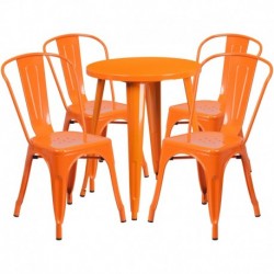 MFO 24'' Round Orange Metal Indoor-Outdoor Table Set with 4 Cafe Chairs