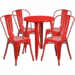 MFO 24'' Round Red Metal Indoor-Outdoor Table Set with 4 Cafe Chairs