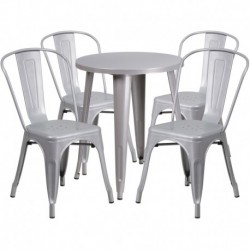 MFO 24'' Round Silver Metal Indoor-Outdoor Table Set with 4 Cafe Chairs