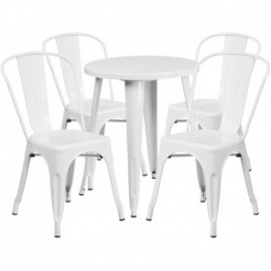MFO 24'' Round White Metal Indoor-Outdoor Table Set with 4 Cafe Chairs