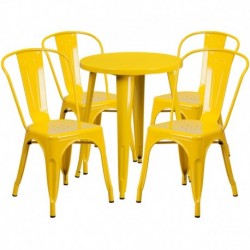 MFO 24'' Round Yellow Metal Indoor-Outdoor Table Set with 4 Cafe Chairs