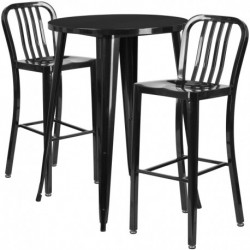 MFO 30'' Round Black Metal Indoor-Outdoor Bar Table Set with 2 Vertical Slat Back Stools