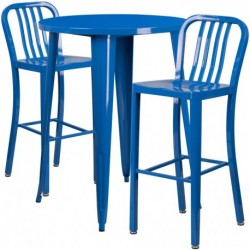 MFO 30'' Round Blue Metal Indoor-Outdoor Bar Table Set with 2 Vertical Slat Back Stools
