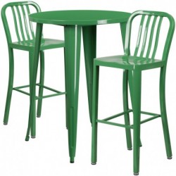 MFO 30'' Round Green Metal Indoor-Outdoor Bar Table Set with 2 Vertical Slat Back Stools