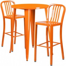 MFO 30'' Round Orange Metal Indoor-Outdoor Bar Table Set with 2 Vertical Slat Back Stools
