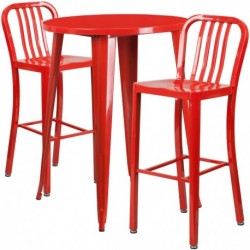 MFO 30'' Round Red Metal Indoor-Outdoor Bar Table Set with 2 Vertical Slat Back Stools