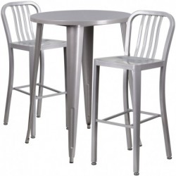MFO 30'' Round Silver Metal Indoor-Outdoor Bar Table Set with 2 Vertical Slat Back Stools