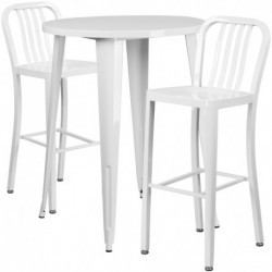 MFO 30'' Round White Metal Indoor-Outdoor Bar Table Set with 2 Vertical Slat Back Stools