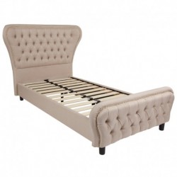 MFO Luna Collection Twin Size Bed with Gold Accent Nail Trim in Beige Fabric