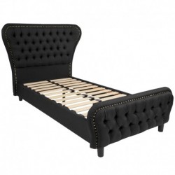 MFO Luna Collection Twin Size Bed with Gold Accent Nail Trim in Black Fabric