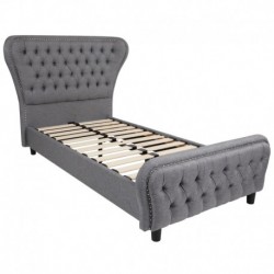 MFO Luna Collection Twin Size Bed with Silver Accent Nail Trim in Light Gray Fabric