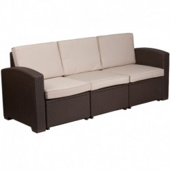 MFO Chocolate Brown Faux Rattan Sofa with All-Weather Beige Cushions