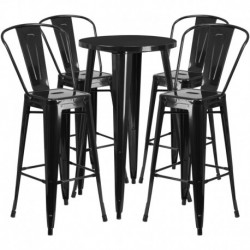 MFO 24'' Round Black Metal Indoor-Outdoor Bar Table Set with 4 Cafe Stools