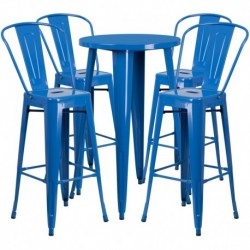 MFO 24'' Round Blue Metal Indoor-Outdoor Bar Table Set with 4 Cafe Stools