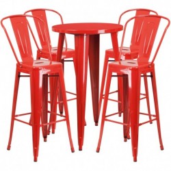 MFO 24'' Round Red Metal Indoor-Outdoor Bar Table Set with 4 Cafe Stools
