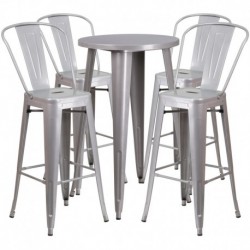 MFO 24'' Round Silver Metal Indoor-Outdoor Bar Table Set with 4 Cafe Stools