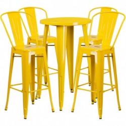 MFO 24'' Round Yellow Metal Indoor-Outdoor Bar Table Set with 4 Cafe Stools
