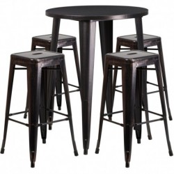 MFO 30'' Round Black-Antique Gold Metal Indoor-Outdoor Bar Table Set with 4 Square Seat Stools