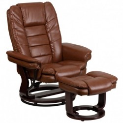 MFO Multi-Position Recliner, Ottoman, Swivel Mahogany Wood Base in Brown Leather