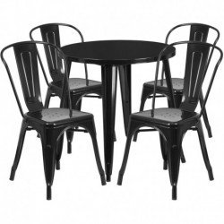 MFO 30'' Round Black Metal Indoor-Outdoor Table Set with 4 Cafe Chairs