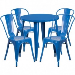 MFO 30'' Round Blue Metal Indoor-Outdoor Table Set with 4 Cafe Chairs