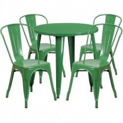MFO 30'' Round Green Metal Indoor-Outdoor Table Set with 4 Cafe Chairs