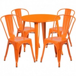 MFO 30'' Round Orange Metal Indoor-Outdoor Table Set with 4 Cafe Chairs