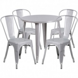 MFO 30'' Round Silver Metal Indoor-Outdoor Table Set with 4 Cafe Chairs