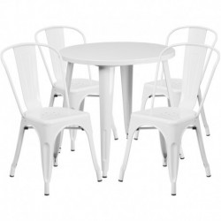 MFO 30'' Round White Metal Indoor-Outdoor Table Set with 4 Cafe Chairs