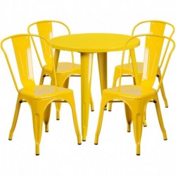 MFO 30'' Round Yellow Metal Indoor-Outdoor Table Set with 4 Cafe Chairs