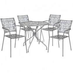 MFO Agathe 31.5" Round Antique Silver Indoor-Outdoor Steel Patio Table with 4 Stack Chairs