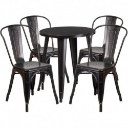 MFO 24'' Round Black-Antique Gold Metal Indoor-Outdoor Table Set with 4 Cafe Chairs